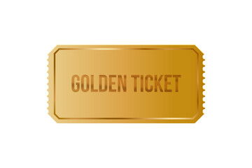 Golden ticket on white background. Gold coupon, sticker or discount tag mockup. Cinema, theater, concert, party, event, festival invitation entrance. Realistic vector illustration.