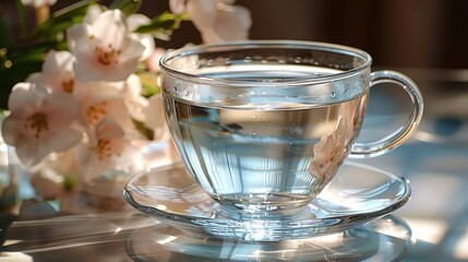 Canvas Print - A delicate glass teacup filled with water beside blooming flowers on a sunny afternoon in a cozy room. Generative AI