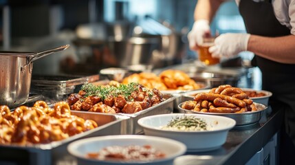 A German brewery kitchen preparing traditional German dishes like pretzels and