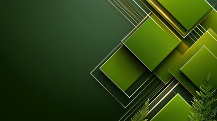 Poster - Abstract green geometric shapes with golden lines and foliage accents.