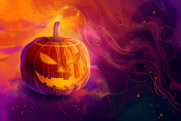 Wall Mural - A vibrant Halloween-themed scene featuring a perfectly carved Halloween pumpkin placed on a vivid, colorful background with ample space for text