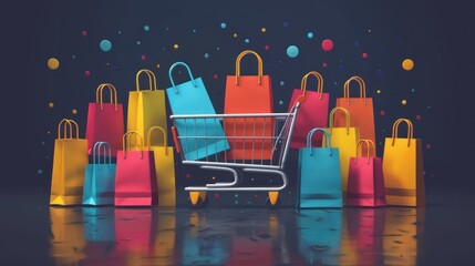 A vibrant shopping cart surrounded by colorful shopping bags in a festive atmosphere of consumerism. Generative AI