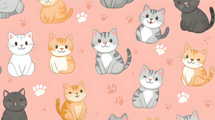 Cute cats in different poses, vibrant pastel colors, playful and happy expressions, seamless pattern design for wallpaper