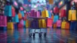 © nataliya_ua - A vibrant shopping cart filled with colorful bags amidst a bustling retail environment. Generative AI