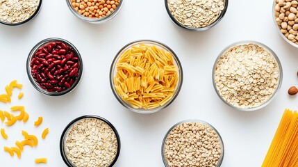 A clean, minimalist layout of various dry food products including beans, oats, and pasta, carefully organized in bowls and containers on a white surface.