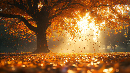 Wall Mural - Orange fall leaves in park, autumn natural background, Autumn Landscape - Trees And Orange Foliage In Park