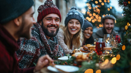 Wall Mural - A diverse group of friends enjoying Christmas dinner outdoors in festive holiday atmosphere. Concept of global unity in festive celebrations.