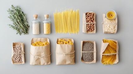 A minimalist setup of eco-friendly packaging containing pasta, grains, and dried herbs, arranged neatly and showcasing their natural beauty.