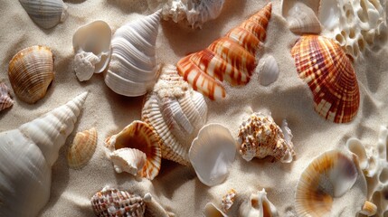 Poster - A collection of various seashells scattered on fine sand at a beach during daylight hours
