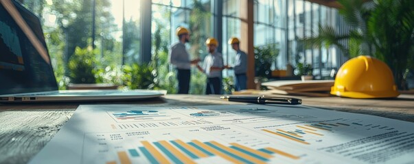 Close-up of business documents with graphs on a table in a modern office environment with construction workers