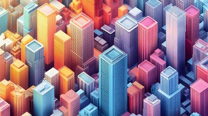 An isometric cityscape showcasing vibrant buildings from an aerial view, featuring geometric shapes and pastel colors, creating a detailed urban visualization with a clean design.