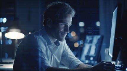 Aufkleber - A man is sitting in front of a computer monitor, smiling as he works