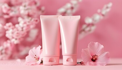 Pink skincare elegance showcased with cream on a matching pink backdrop, highlighting beauty and self-care essentials