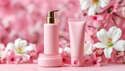 Wall Mural - Pink skincare elegance showcased with cream on a matching pink backdrop, highlighting beauty and self-care essentials