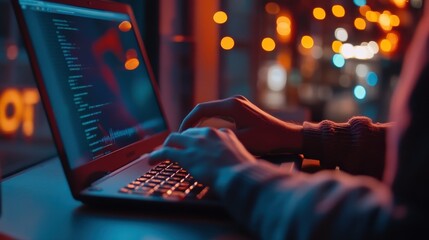 Aufkleber - A person coding on a laptop at night with city lights glowing in the background