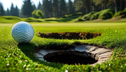 Wall Mural - Golf ball poised on the brink of the hole amid a vibrant green landscape