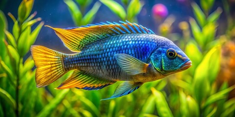 vibrant blue and yellow peacock cichlid fish swims amidst lush green aquatic plants, its iridescent 