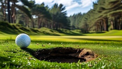 Wall Mural - Golf ball poised on the brink of the hole amid a vibrant green landscape