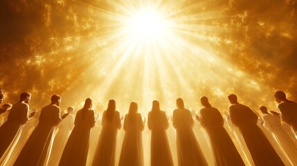 Wall Mural - a group of figures in robes facing a radiant light, symbolizing hope and spirituality in a celestial