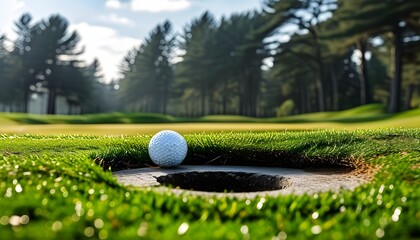 Wall Mural - Golf ball poised on the brink of the hole amid a vibrant green landscape