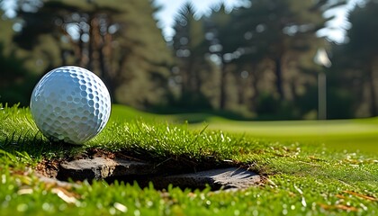 Wall Mural - Golf ball poised on the brink of the hole amid a vibrant green landscape