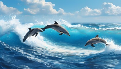 Dolphins Dancing in Bright Blue Waves Beneath a Clear Sky