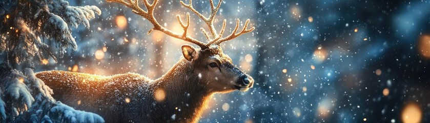 A serene winter scene featuring a majestic deer surrounded by softly falling snow, illuminated by gentle, warm light.