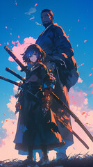 Poster - Anime boy and girl in samurai uniform style in Vertical background