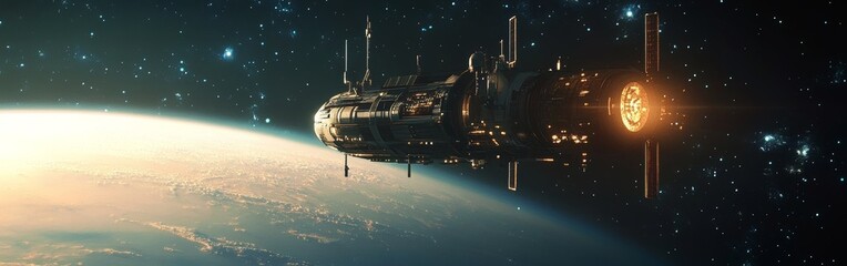 Poster - A spacecraft orbits Earth in a stunning view of space, showing Earth's curvature and distant stars against a dark backdrop