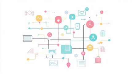 Aufkleber - Abstract representation of digital connections with icons and lines illustrating technology and data flow in a modern workspace