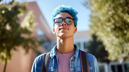 Wall Mural - Portrait of a non-binary college student walking back to college