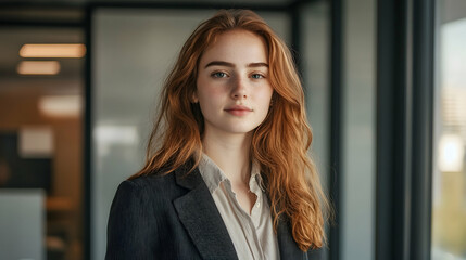 Wall Mural - Portrait of a young transgender transfeminine businesswoman standing in an office