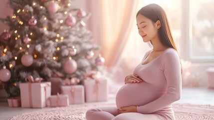 Wall Mural - Pregnant Asian woman in pink sitting by a decorated Christmas tree with gifts and lights. Concept of new beginnings and cultural inclusion.