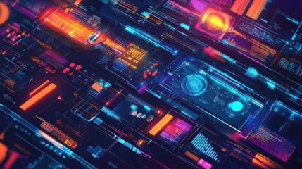 Leinwandbilder - Colorful abstract digital landscape showcasing vibrant lights and circuit board patterns in a futuristic design