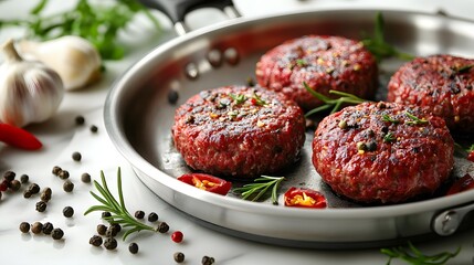 Raw beef patties placed in a silver frying pan on a marble countertop, surrounded by fresh herbs, garlic, and peppercorns, presenting a gourmet culinary scene with dramatic lighting.