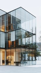Aufkleber - A tall building with a glass facade and a tree in front of it