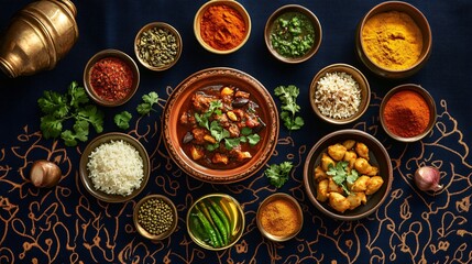 An assortment of spices and dishes on a patterned background with gold accents.