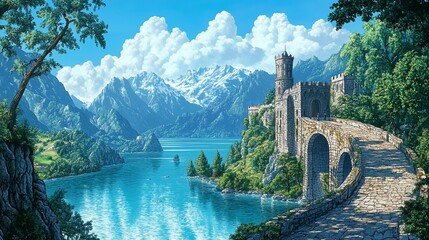 A Historic Castle Overlooking a Crystal Clear Lake Surrounded by Mountains