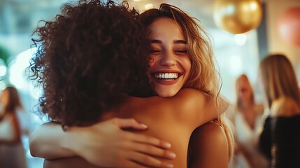 Friends sharing a joyful embrace during a surprise party celebration