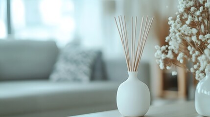 Poster - A white ceramic reed diffuser with aromatic fragrance sticks set in a modern living room, featuring a neutral color palette and cozy atmosphere for lifestyle product appeal.