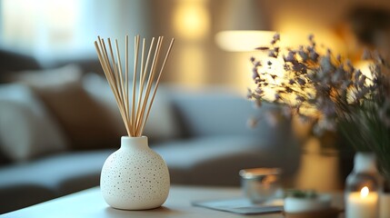 Poster - A white ceramic reed diffuser with aromatic fragrance sticks set in a modern living room, featuring a neutral color palette and cozy atmosphere for lifestyle product appeal.