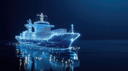 Canvas Print - An advanced cargo ship made from digital lines traverses the ocean, connected to multiple networks. Glowing dots represent data flow, emphasizing global trade and technology