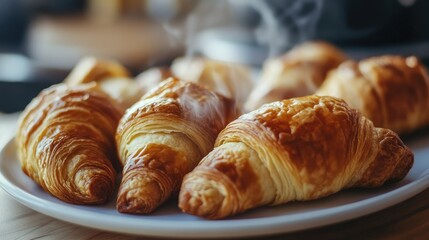 A close-up shot of buttery, flaky croissants on a white plate, with steam rising from the warm pastry layers.