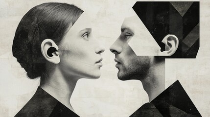 creative collage illustration of two black white effect people big ear mouth instead head communicat