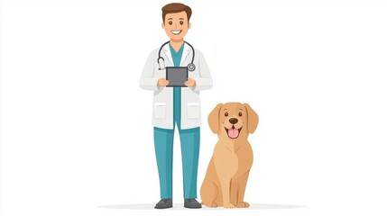 Veterinarian demonstrating pet nutrition tips, interactive digital screen, flat design illustration