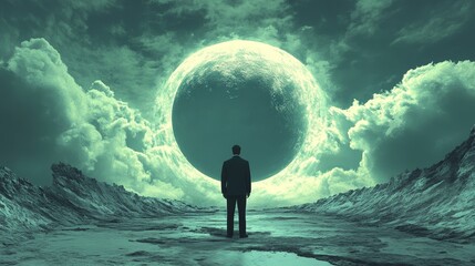 Poster - A man stands in front of a large, glowing, green, rocky, and cloudy sky