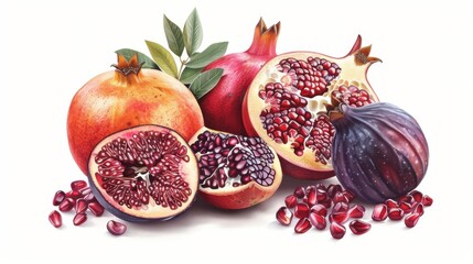 Poster - A close up of a variety of fruits including pomegranates, figs, and grapes