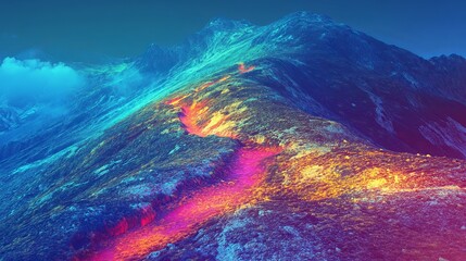 Canvas Print - Heatmap of a mountain trail, with vibrant colors showing the most frequently hiked paths and cooler tones in the less traveled sections. 4K hyperrealistic photo.