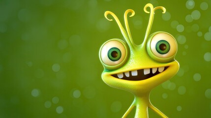 Wall Mural - A goofy cartoon alien with three eyes and antennae, smiling on a green background, giving off a lighthearted, quirky energy.