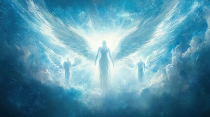 Poster - Celestial beings with ethereal wings illuminate a heavenly landscape during a serene twilight moment